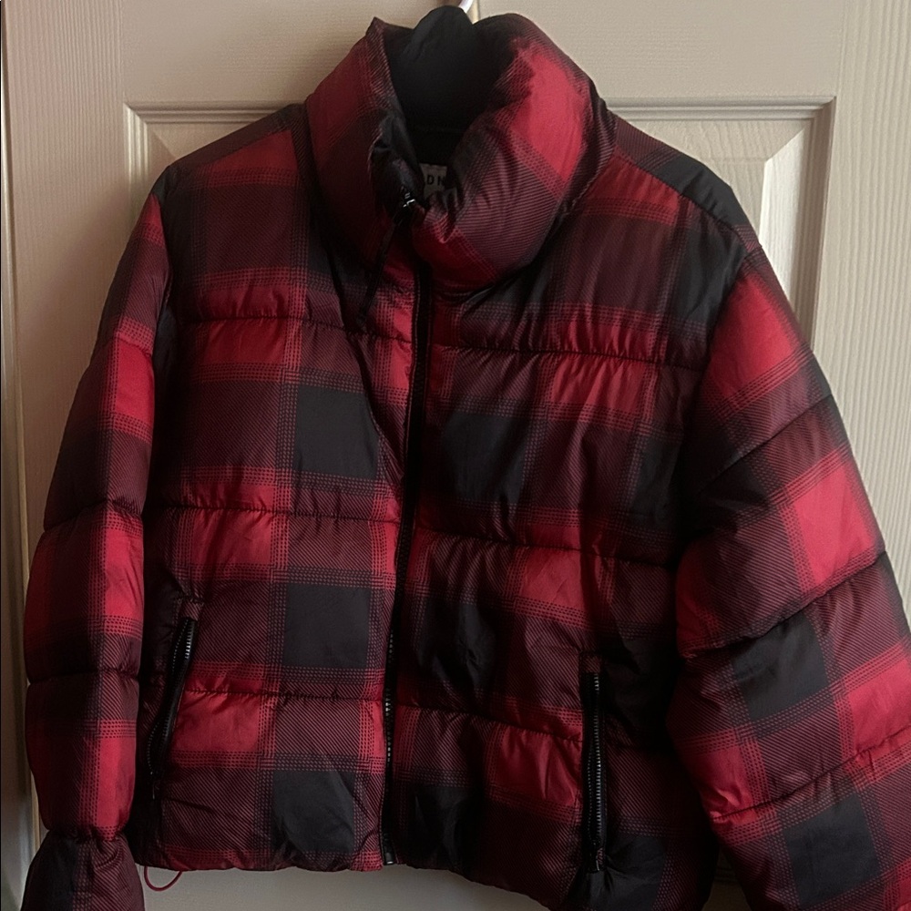 Old Navy Red and Black Plaid Puffer Jacket